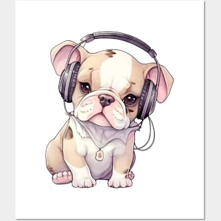 Watercolor Bulldog with Headphones Posters and Art